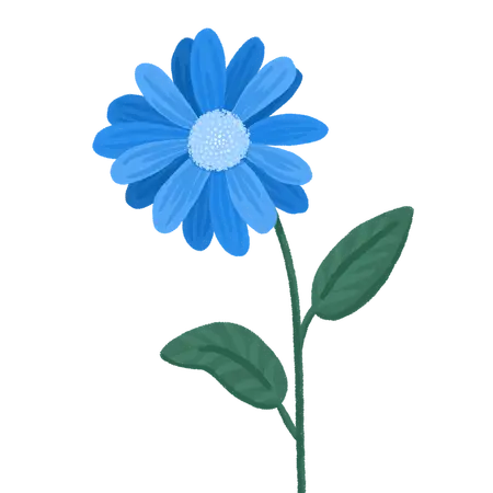 Blaue Blume Gezeichnete blaue Blume mit 2 grünen Blätter am grünen Stil vor weißem Hintergund